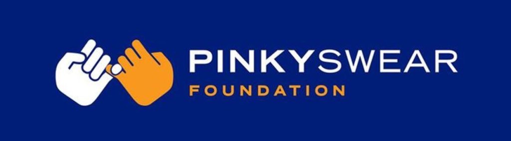 The Pinky Swear Logo: An illustration of one white hand and one orange hand hooking pinkies. It is set on a blue background.